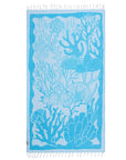 Blue towel with coral and shell pattern on a white background
