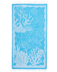 Blue beach towel with coral and shell pattern on a white background