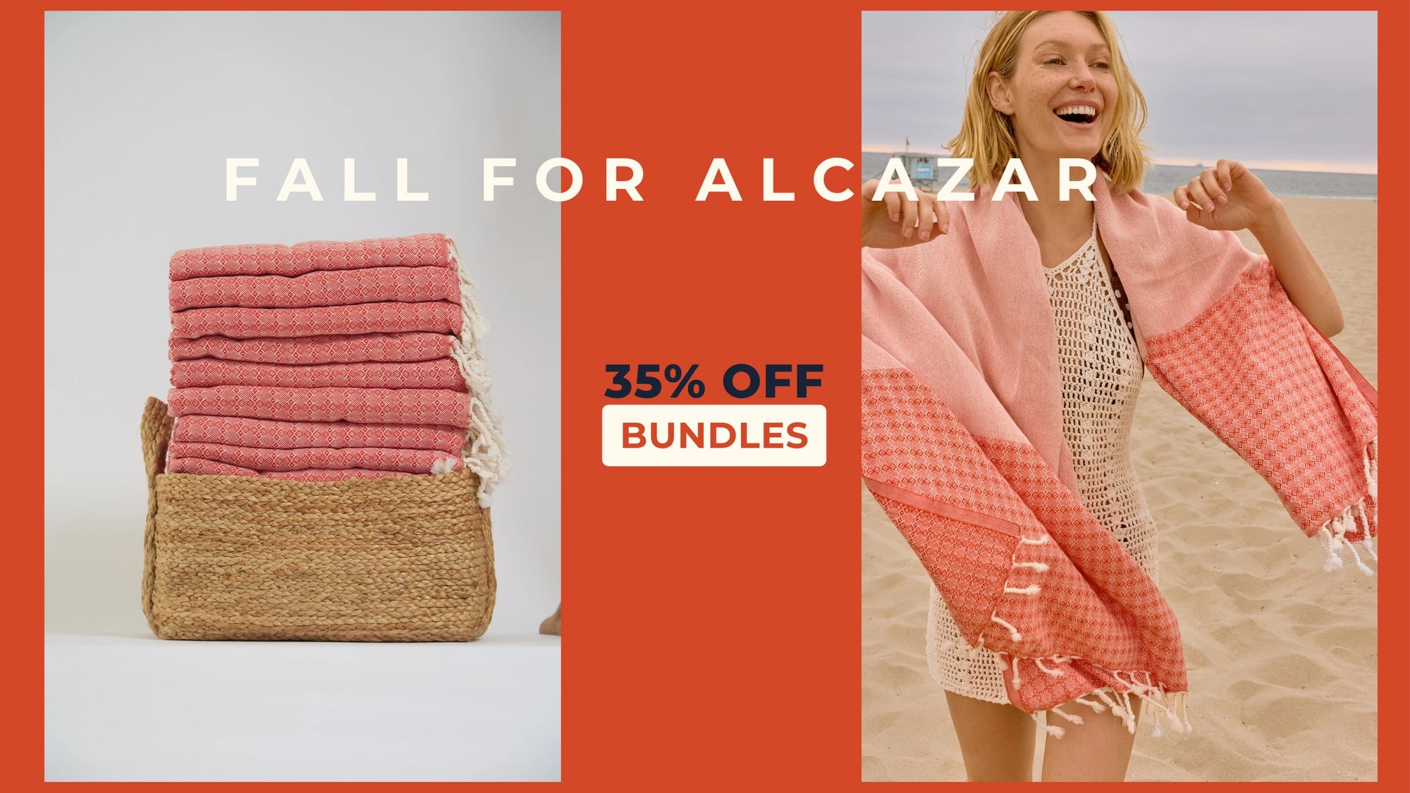 Fall for Alcazar – 35% off premium Turkish towel bundles in vibrant red patterns, ethically made from 100% Turkish cotton.