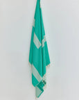 Comb Turkish towel in Crystal Green – Full-length hanging view showcasing entire pattern and texture