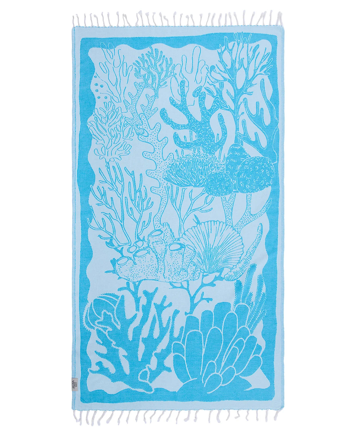 Blue towel with coral and shell pattern on a white background