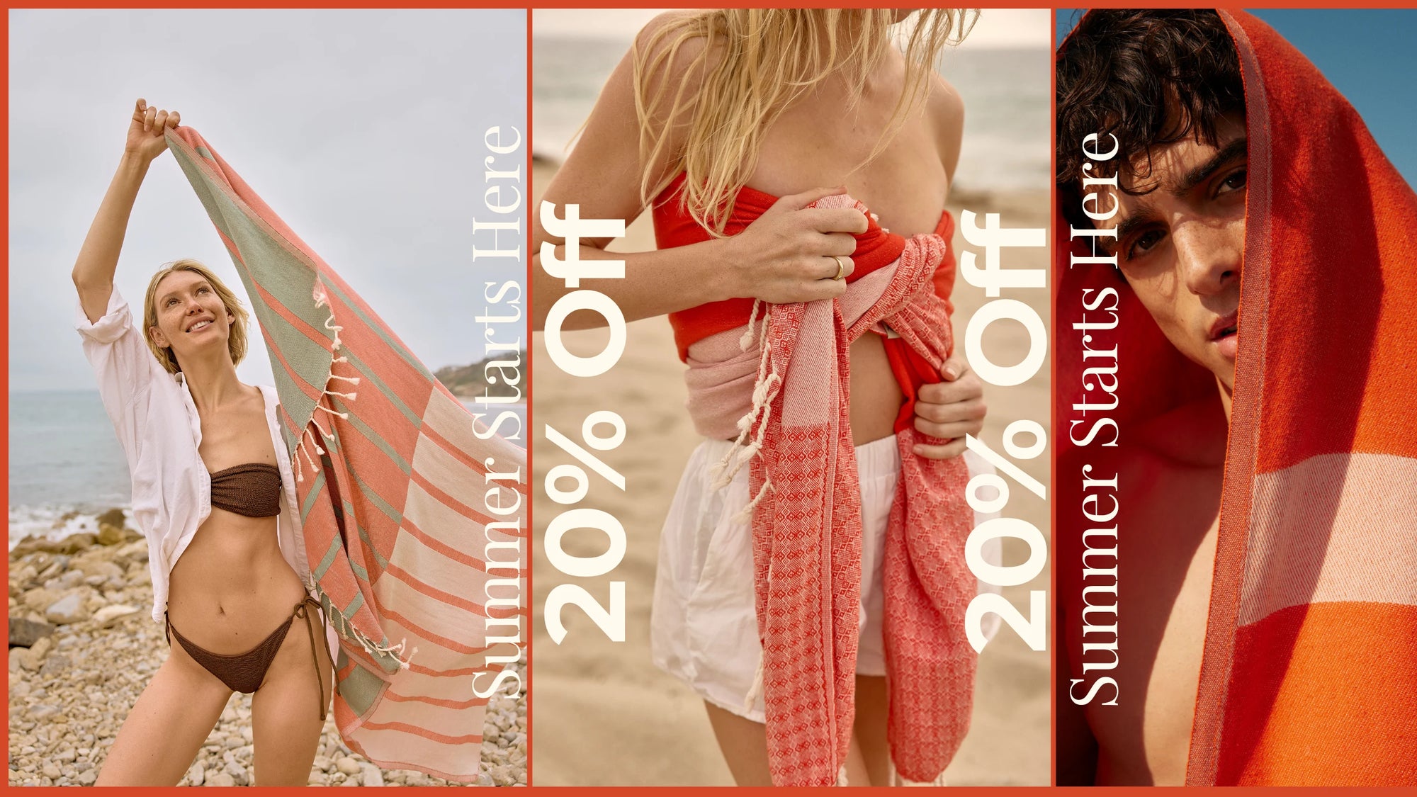 Three people on a beach with promotional text for 20% off summer sales.