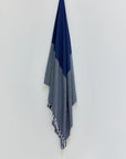 Alcazar Turkish towel in Indigo – Full-length hanging view showcasing entire pattern and texture