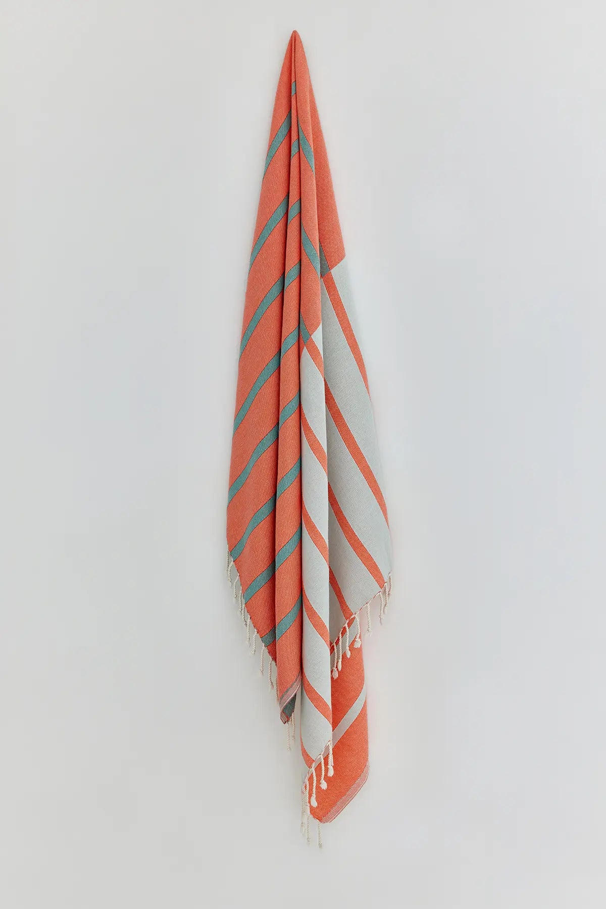 Lane Turkish towel in Peach Cream – Full-length hanging view showcasing entire pattern and texture