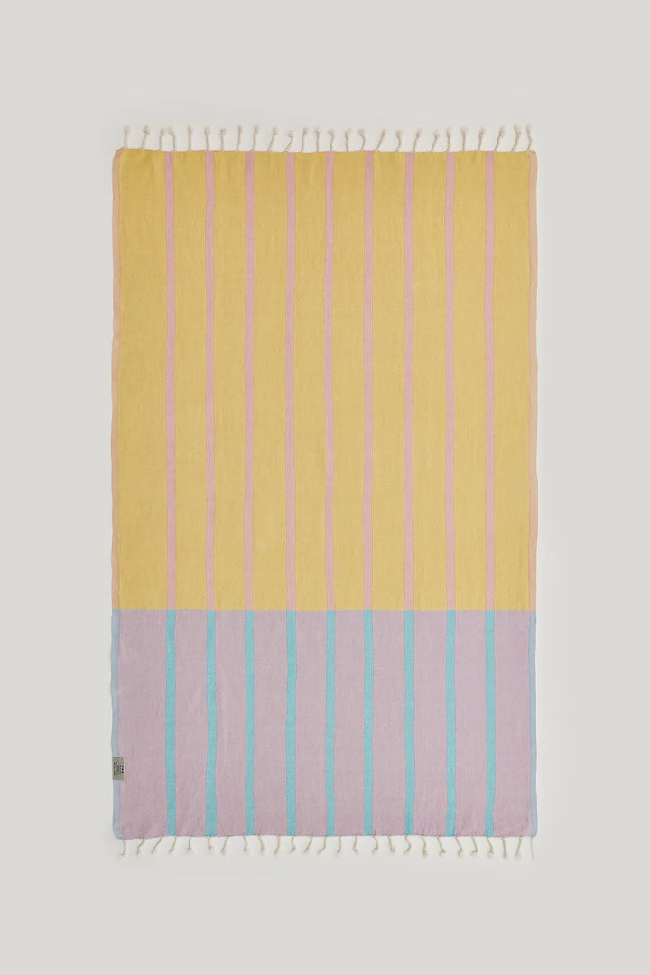 Lane Turkish towel in Pink Blue – Flat lay back side showing reverse weave
