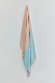 Lane Turkish towel in Pink Blue – Full-length hanging view showcasing entire pattern and texture